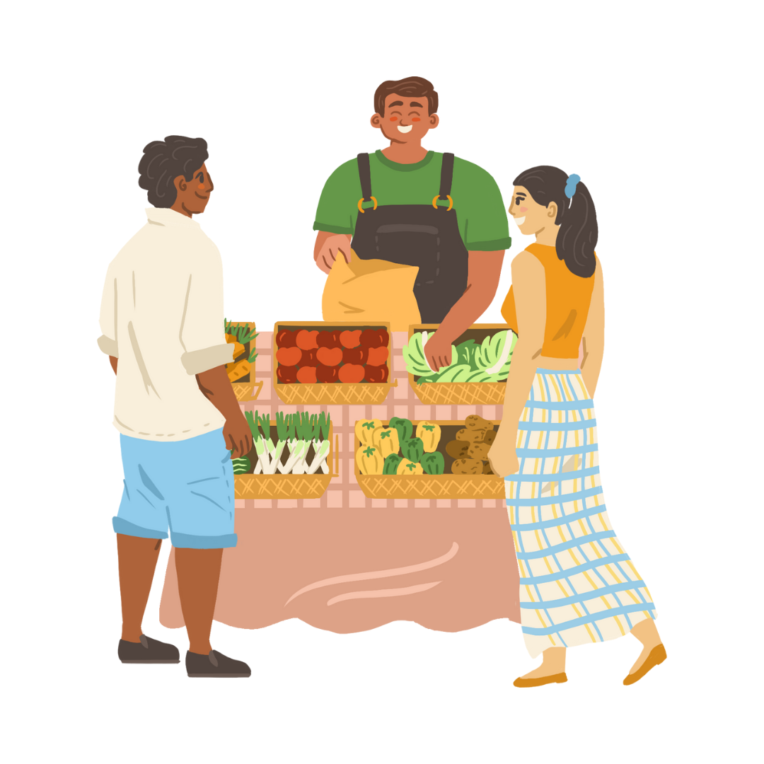 Imagem em desenho de uma barraquinha de feira do produtor com um vendedor e duas pessoas comprando alimentos.